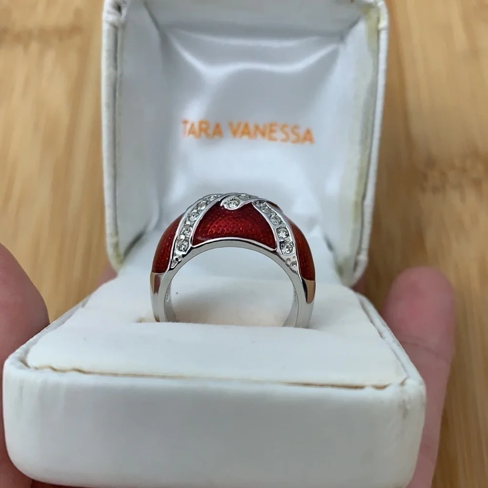 Tara Vanessa | Silver Tone Painted Red Enamel CZ Fashion Dome Ring NIB